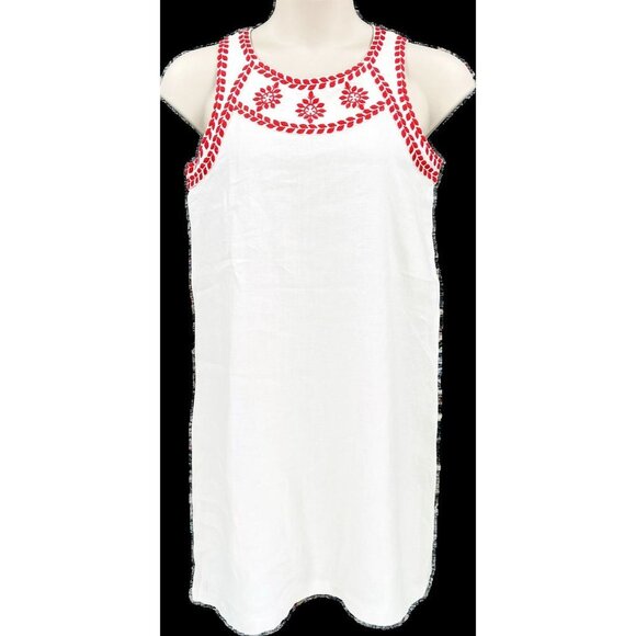J McLaughlin Shift Dress Size M White Embroidered 100% Linen Pockets Knee Length - Picture 1 of 12